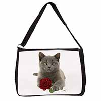 British Blue Kitten with Red Rose Large Black Laptop Shoulder Bag School/College