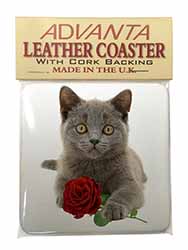 British Blue Kitten with Red Rose Single Leather Photo Coaster