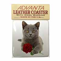 British Blue Kitten with Red Rose Single Leather Photo Coaster