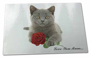 Large Glass Cutting Chopping Board Blue Cat+Rose 