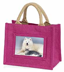 Samoyed and Cat Little Girls Small Pink Jute Shopping Bag