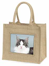 Pretty Grey and White Cats Face Natural/Beige Jute Large Shopping Bag