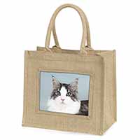 Pretty Grey and White Cats Face Natural/Beige Jute Large Shopping Bag