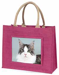 Pretty Grey and White Cats Face Large Pink Jute Shopping Bag