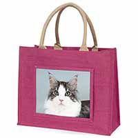 Pretty Grey and White Cats Face Large Pink Jute Shopping Bag