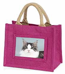 Pretty Grey and White Cats Face Little Girls Small Pink Jute Shopping Bag