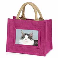 Pretty Grey and White Cats Face Little Girls Small Pink Jute Shopping Bag