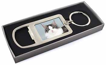 Pretty Grey and White Cats Face Chrome Metal Bottle Opener Keyring in Box