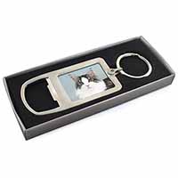 Pretty Grey and White Cats Face Chrome Metal Bottle Opener Keyring in Box