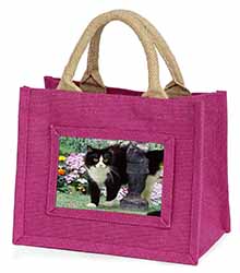 Black and White Cat in Garden Little Girls Small Pink Jute Shopping Bag