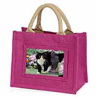 Black and White Cat in Garden Little Girls Small Pink Jute Shopping Bag