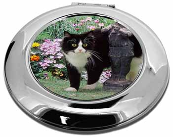 Black and White Cat in Garden Make-Up Round Compact Mirror