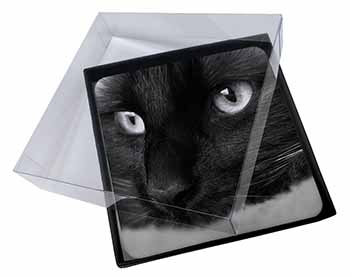 4x Gorgeous Black Cat Picture Table Coasters Set in Gift Box