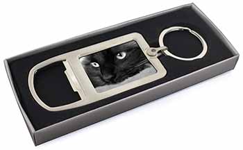 Gorgeous Black Cat Chrome Metal Bottle Opener Keyring in Box