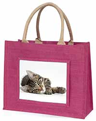 Adorable Tabby Kitten Large Pink Jute Shopping Bag