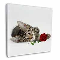 Tabby Kitten Cat with Red Rose Square Canvas 12"x12" Wall Art Picture Print