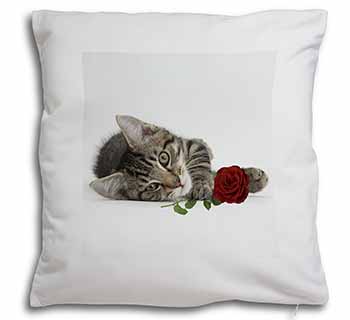 Tabby Kitten Cat with Red Rose Soft White Velvet Feel Scatter Cushion