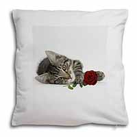 Tabby Kitten Cat with Red Rose Soft White Velvet Feel Scatter Cushion