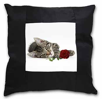 Tabby Kitten Cat with Red Rose Black Satin Feel Scatter Cushion