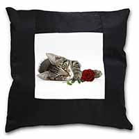 Tabby Kitten Cat with Red Rose Black Satin Feel Scatter Cushion