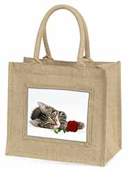 Tabby Kitten Cat with Red Rose Natural/Beige Jute Large Shopping Bag