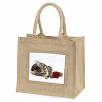 Tabby Kitten Cat with Red Rose Natural/Beige Jute Large Shopping Bag