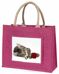 Tabby Kitten Cat with Red Rose Large Pink Jute Shopping Bag