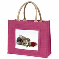 Tabby Kitten Cat with Red Rose Large Pink Jute Shopping Bag