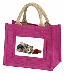 Tabby Kitten Cat with Red Rose Little Girls Small Pink Jute Shopping Bag