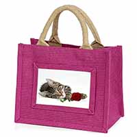 Tabby Kitten Cat with Red Rose Little Girls Small Pink Jute Shopping Bag