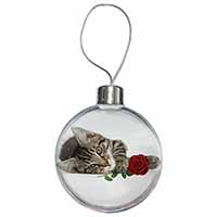 Tabby Kitten Cat with Red Rose Christmas Bauble