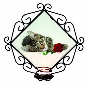 Tabby Kitten Cat with Red Rose Wrought Iron Wall Art Candle Holder