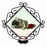 Tabby Kitten Cat with Red Rose Wrought Iron Wall Art Candle Holder