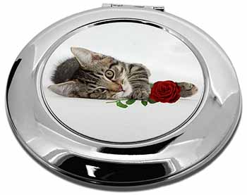 Tabby Kitten Cat with Red Rose Make-Up Round Compact Mirror