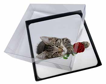 4x Tabby Kitten Cat with Red Rose Picture Table Coasters Set in Gift Box