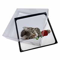 4x Tabby Kitten Cat with Red Rose Picture Table Coasters Set in Gift Box