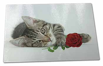 Large Glass Cutting Chopping Board Tabby Kitten Cat with Red Rose