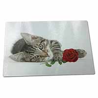 Large Glass Cutting Chopping Board Tabby Kitten Cat with Red Rose