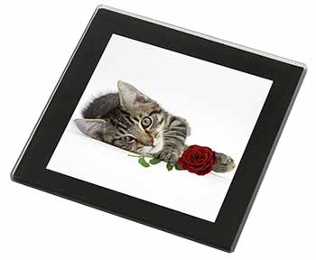 Tabby Kitten Cat with Red Rose Black Rim High Quality Glass Coaster