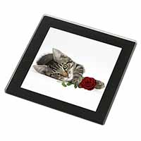 Tabby Kitten Cat with Red Rose Black Rim High Quality Glass Coaster