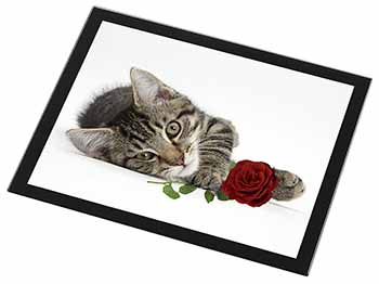 Tabby Kitten Cat with Red Rose Black Rim High Quality Glass Placemat