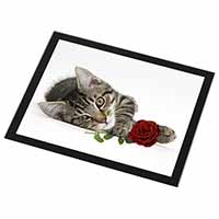 Tabby Kitten Cat with Red Rose Black Rim High Quality Glass Placemat