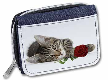 Tabby Kitten Cat with Red Rose Unisex Denim Purse Wallet