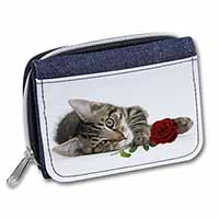 Tabby Kitten Cat with Red Rose Unisex Denim Purse Wallet