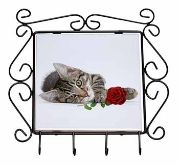 Tabby Kitten Cat with Red Rose Wrought Iron Key Holder Hooks