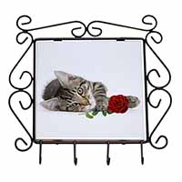 Tabby Kitten Cat with Red Rose Wrought Iron Key Holder Hooks