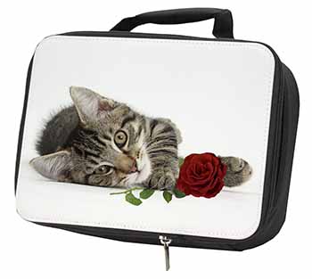 Tabby Kitten Cat with Red Rose Black Insulated School Lunch Box/Picnic Bag