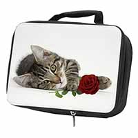 Tabby Kitten Cat with Red Rose Black Insulated School Lunch Box/Picnic Bag