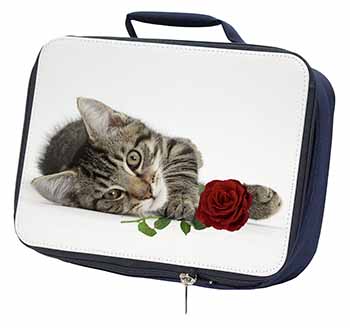 Tabby Kitten Cat with Red Rose Navy Insulated School Lunch Box/Picnic Bag