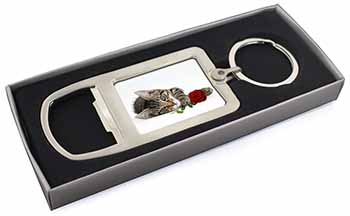 Tabby Kitten Cat with Red Rose Chrome Metal Bottle Opener Keyring in Box